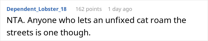 Comment on neutering neighbor cat stray, stating anyone allowing an unspayed cat outside is at fault.