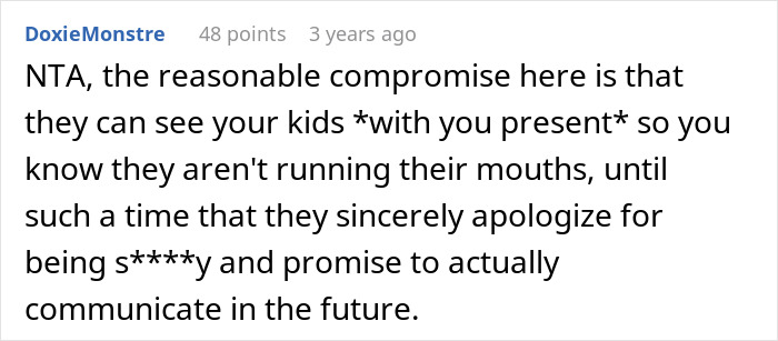 Comment from user DoxieMonstre suggesting a compromise about grandparents babysitting kids only with parents present regarding babysitting concerns.
