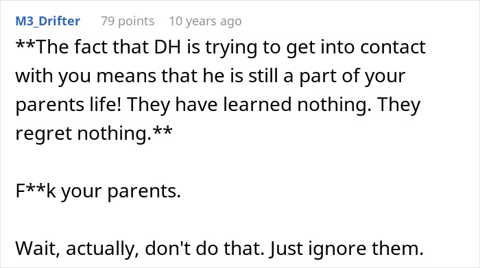 Comment from M3_Drifter expressing support for woman cutting off parents after betrayal, discussing parents and fianc&eacute; issues.