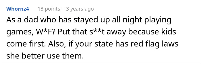 Screenshot of a Reddit comment about parenting, gaming all night, and prioritizing kids over distractions.