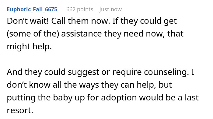 Comment suggesting to call CPS and explore counseling before considering adoption for mom and pregnant daughter living in a cluttered home.