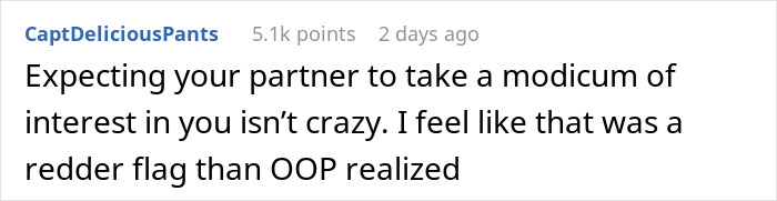 Comment about relationship expectations and romantic indifference, highlighting lack of interest from a partner in emotional connection.