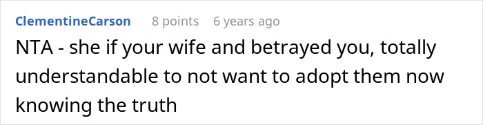 Screenshot of an online comment discussing a man refusing to adopt wife&rsquo;s kids after discovering hidden truth about their father.