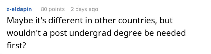 Comment on Reddit discussing the jobless 36YO competing with PhD cousin, mentioning need for an undergrad degree first.