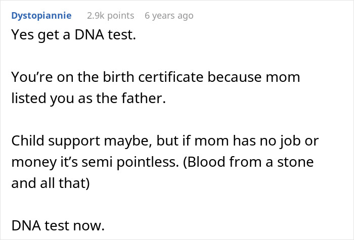 Comment advising a DNA test after a man is listed as the legal father on a child’s birth certificate by child services. Comment advising a DNA test after a man is listed as the legal father on a child’s birth certificate by child services.