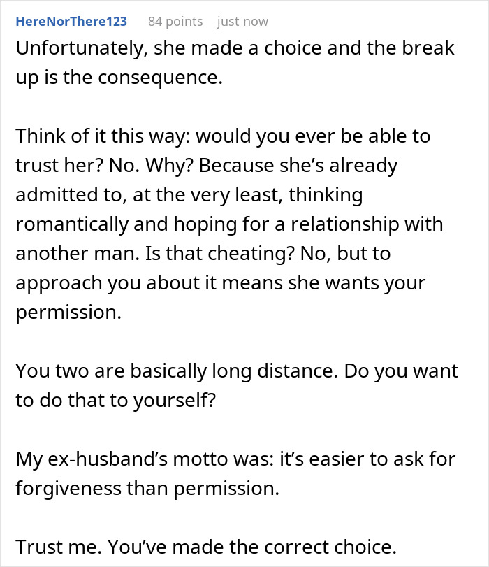 Comment explaining breakup after girlfriend wants open relationship, highlighting trust issues and long-distance challenges.