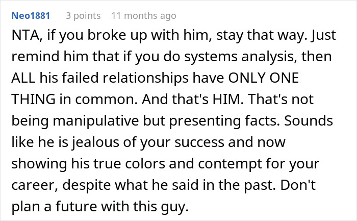 Screenshot of an online comment discussing jealousy and dismissal of a girlfriend&rsquo;s career success and achievements.