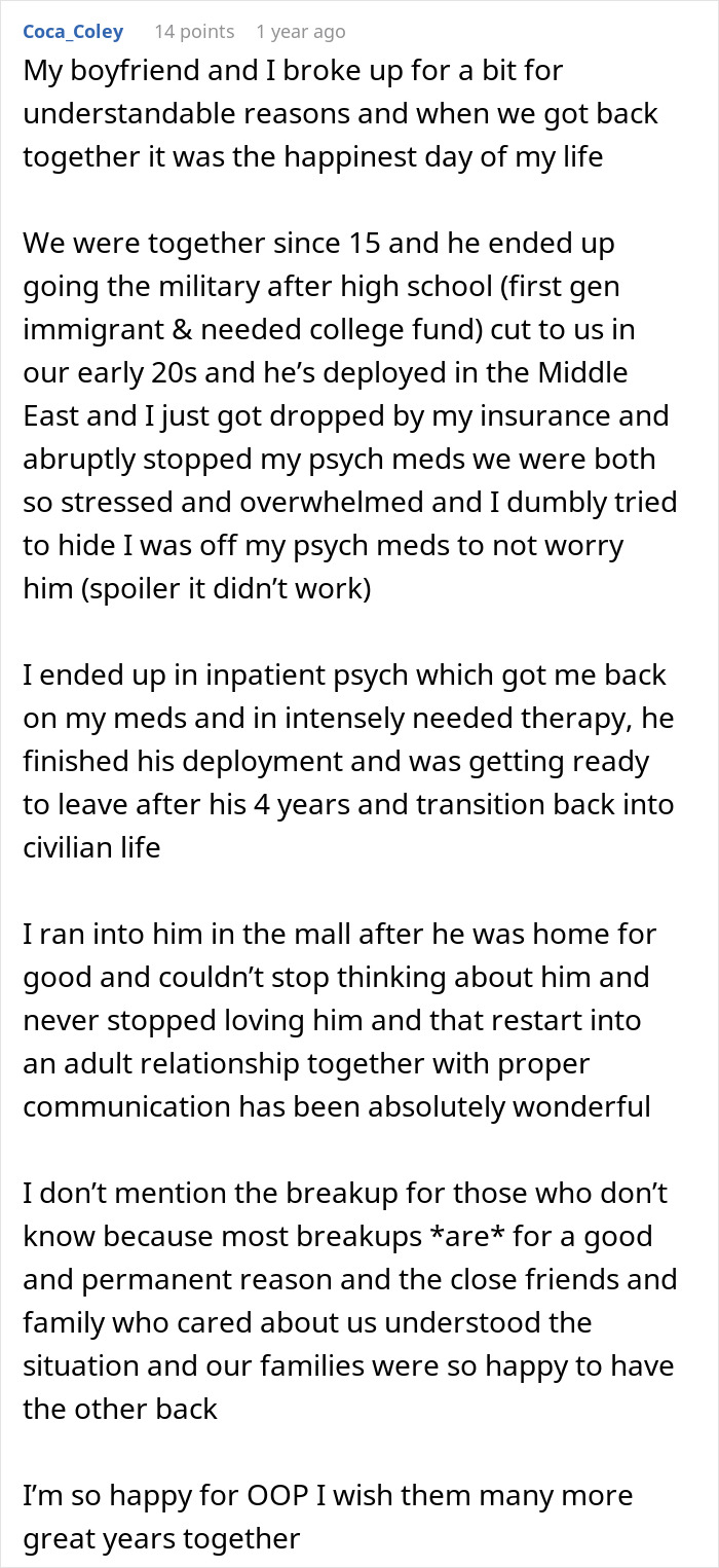Text post describing a man and woman reconnecting and restarting their adult relationship after years apart and military deployment.