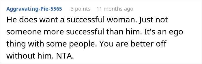 Comment on a forum post discussing a man dismissing his girlfriend&rsquo;s career success and accusing her of sleeping her way to success.