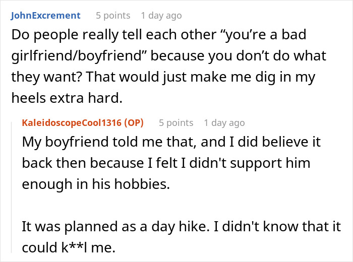 Online conversation showing men abandoning partners during outdoor activities, discussing relationship and hobby conflicts.