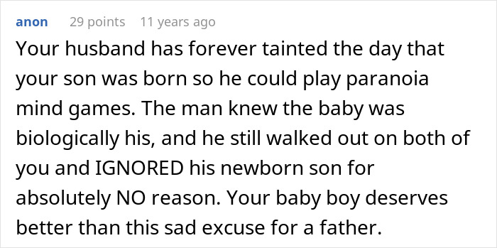 Screenshot of an online comment criticizing a man&rsquo;s behavior after secretly getting a paternity test for his newborn baby.