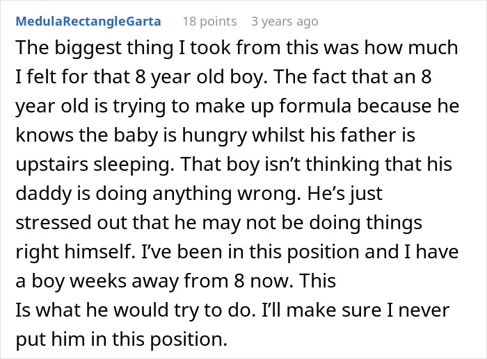 Text post showing a heartfelt story of a son panicking and caring for a baby while husband is asleep after mom&rsquo;s 10-hour shift.