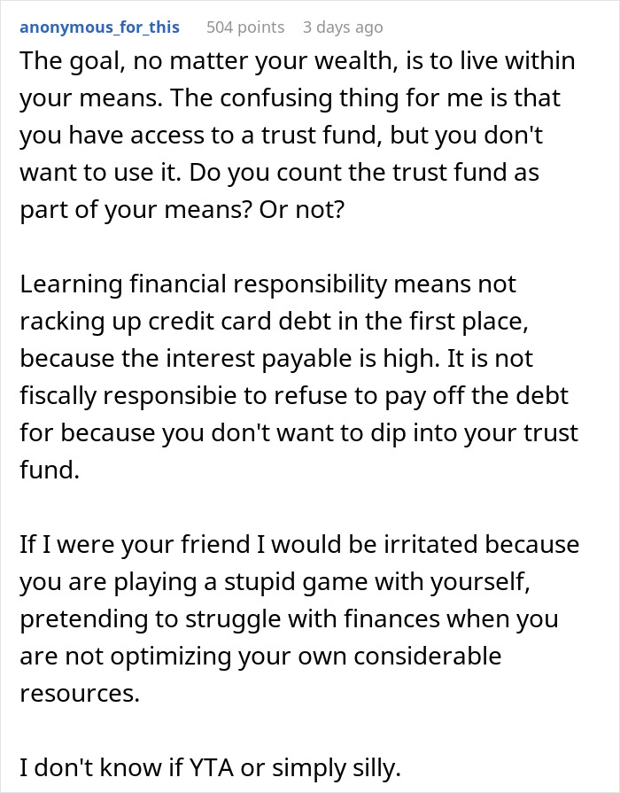 Comment discussing financial responsibility and trust fund use by a wealthy woman failing to read the room and losing friends.