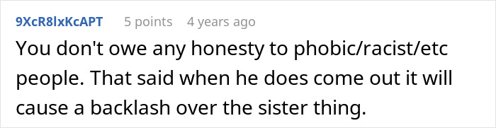 Screenshot of an online comment discussing a guy&rsquo;s sister discovering his secret boyfriend and potential backlash.