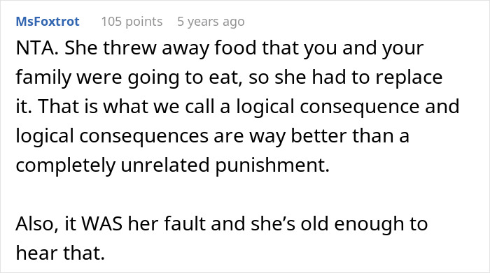 Reddit comment explaining consequences of wasting food in a story about vegan teen cooking meat lesson.