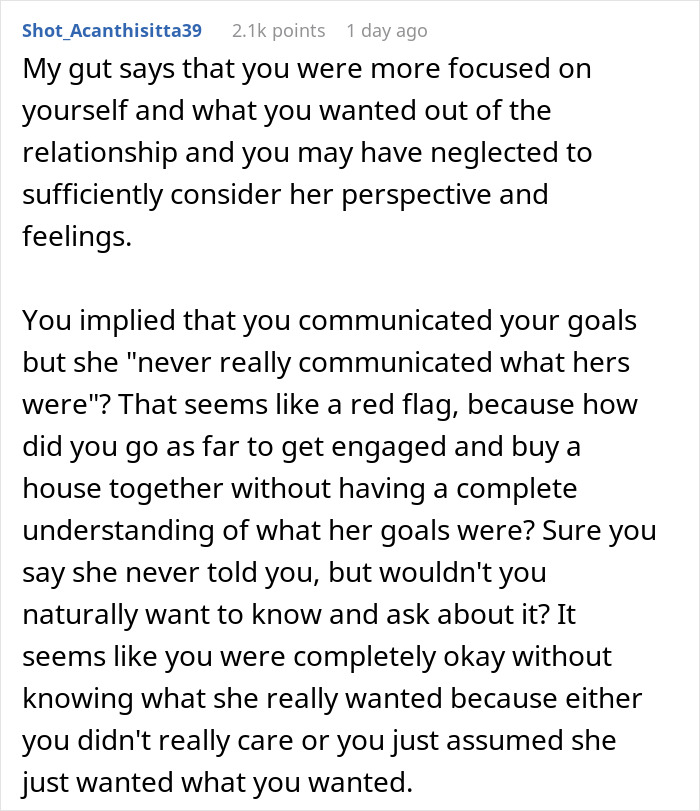 Reddit comment analyzing relationship issues as man tries to understand why fianc&eacute;e left and chase butterflies.