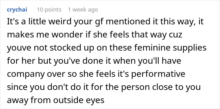 Comment discussing a man stashing Midol and tampons in the bathroom, with guest drama over virtue signaling.