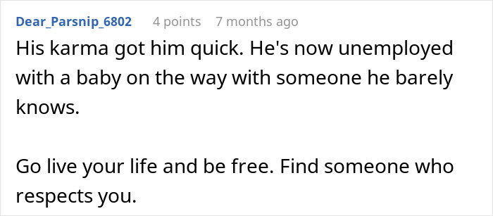 Text comment from a user discussing karma and relationships involving a boyfriend and his pregnant mistress at work.