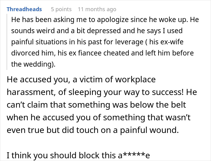 Comment discussing a man accusing his girlfriend of sleeping her way to success amid workplace harassment claims.