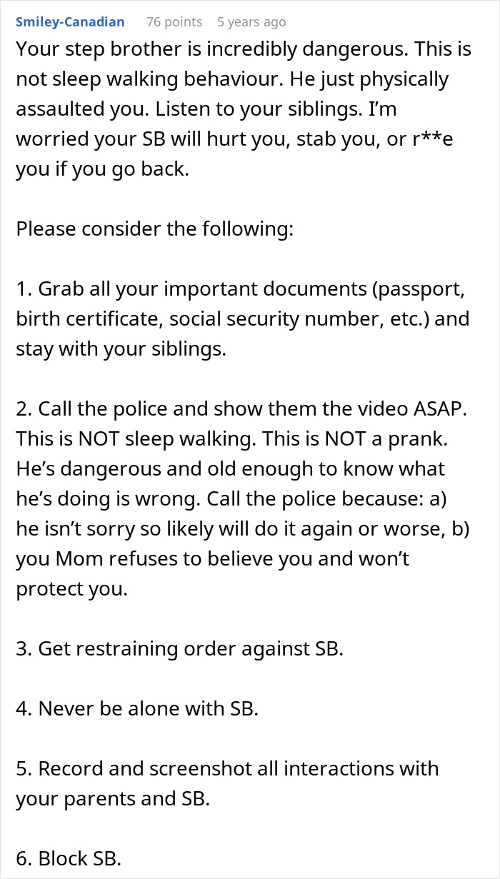 Comment warning about creepy teen behavior towards step-sister and advice on handling dangerous step-sibling situations.