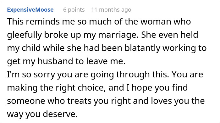 Screenshot of a text comment about a woman involved with a married man and the impact on the marriage shared online.