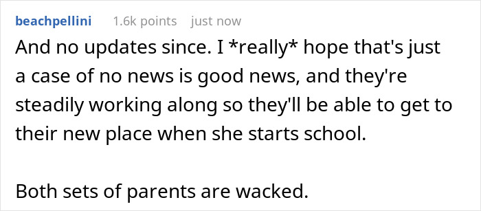 Screenshot of a Reddit comment discussing grandparents kicking young family out over toddler and medical school conflict.