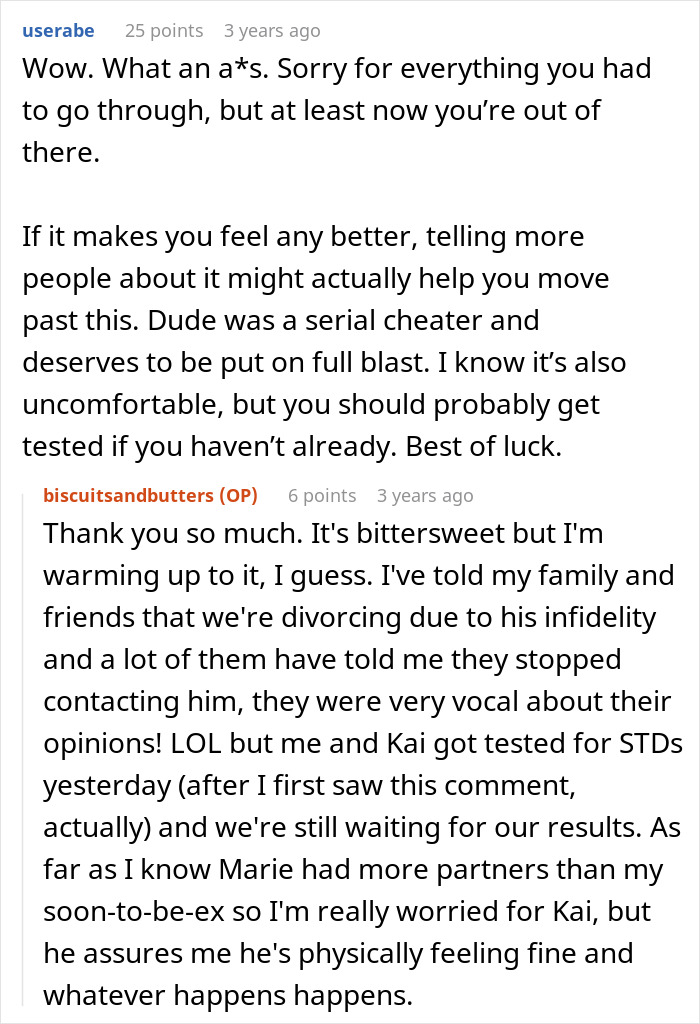 Reddit thread showing discussion about a woman revealing her husband&rsquo;s cheating and infidelity issues online.