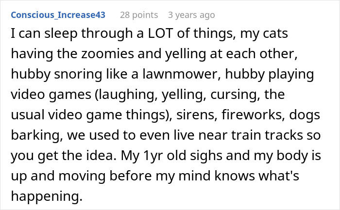 Reddit comment about mom coming back from a long shift to a mess, baby crying, son panicking, and husband asleep.