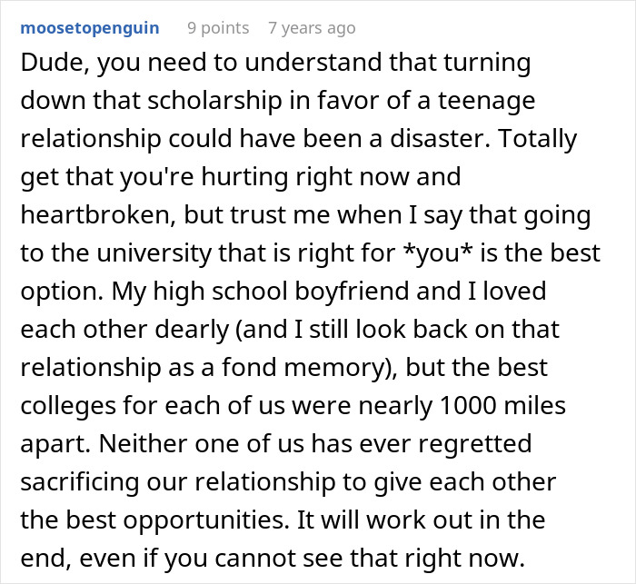 Comment discussing parents refusing to let their son risk his future over teenage love and scholarships.