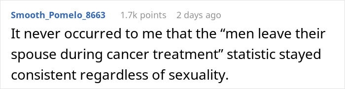 Comment about men leaving spouse during cancer treatment, highlighting abandonment and harsh reality check in marriage. Comment about men leaving spouse during cancer treatment, highlighting abandonment and harsh reality check in marriage.