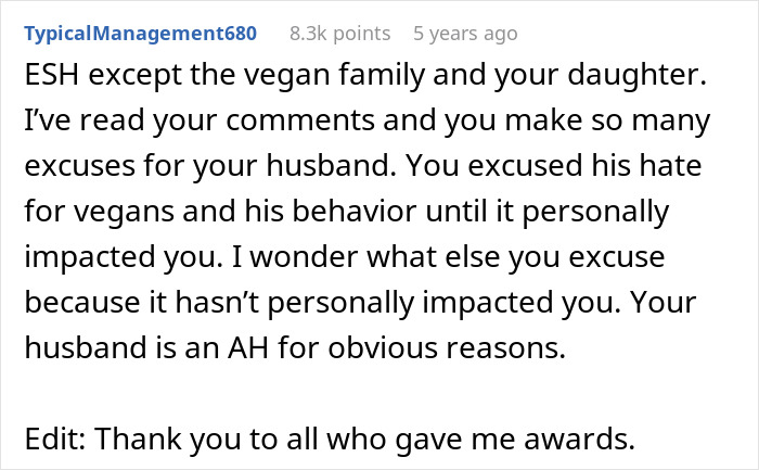 Reddit comment discussing vegan-hating husband and family dynamics after daughter's ruined friendship.