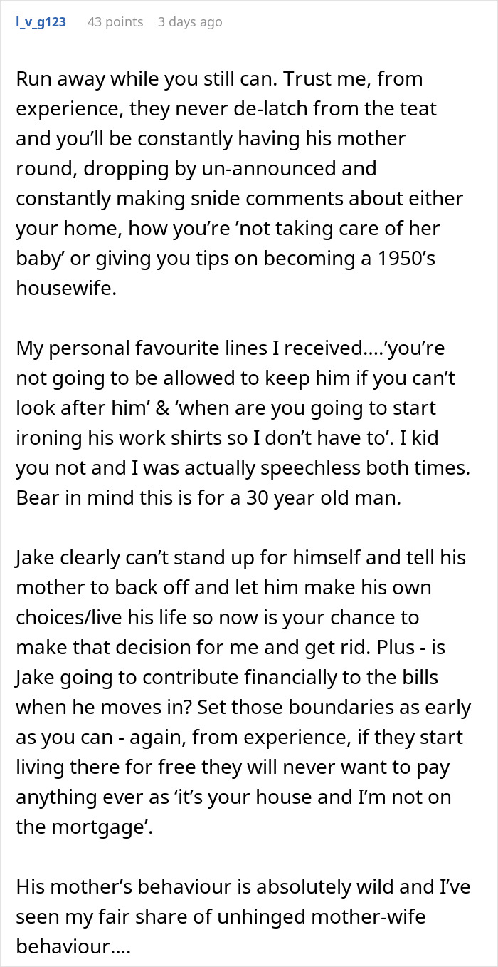 Comment discussing a mom acting as dorm inspector, checking boyfriend&rsquo;s place before he can move in with her son.