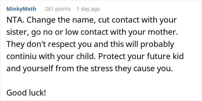 Comment advising to change the baby name and cut contact with family to protect from stress during secret pregnancy.