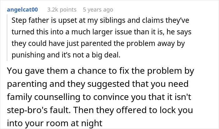 Text post discussing a creepy teen cutting step-sister's hair, with parents thinking the issue is no big deal.