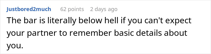 Text post from Reddit user Justbored2much describing romantic indifference when a GF kept notes on favorite foods but couldn&rsquo;t name her cat.