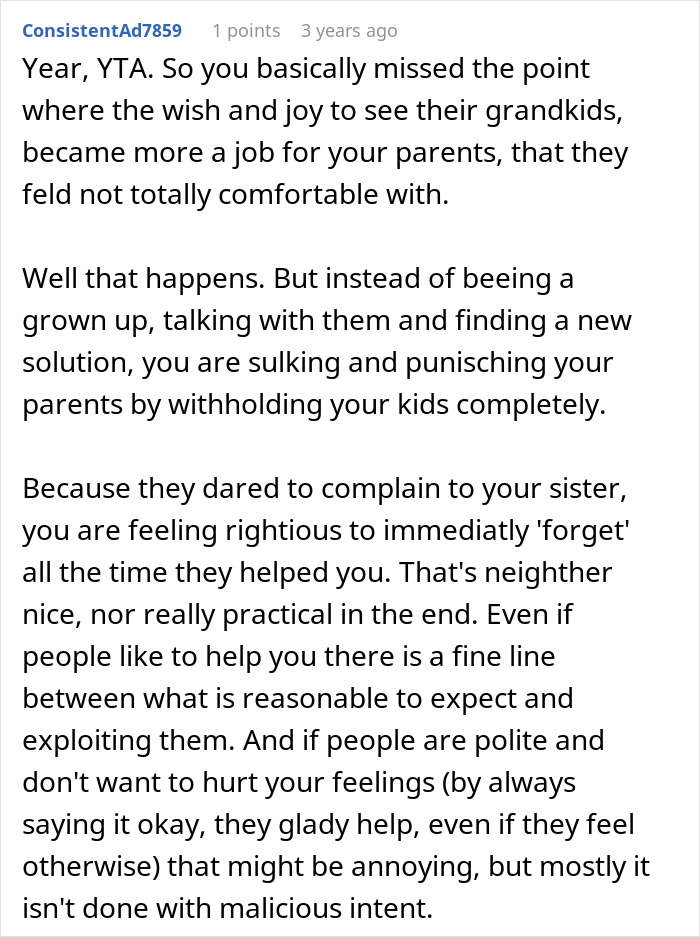 Reddit comment discussing grandparents&rsquo; true feelings about babysitting and a dad stopping their involvement.