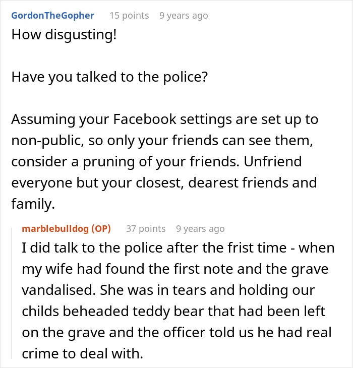 Online discussion about a man losing his mind as a secret enemy vandalizes his daughter&rsquo;s grave and leaves vile letters.
