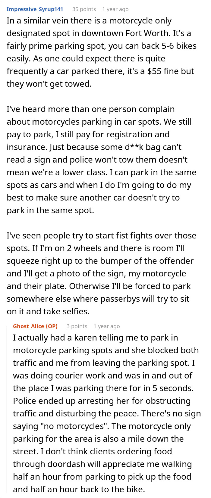 Woman uses wit and seven motorcycles to teach annoying neighbor a lesson about fair motorcycle parking.