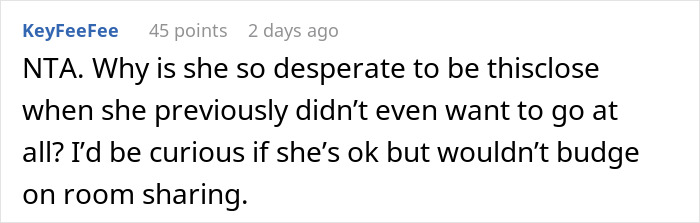 Text comment about woman furious as friends refuse to share a room when she suddenly joins a vacation trip.