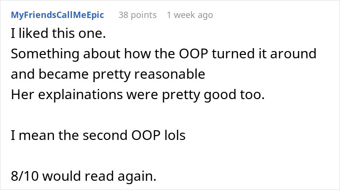 Text post from a user sharing positive feedback about an out-of-place story, rating it 8 out of 10.