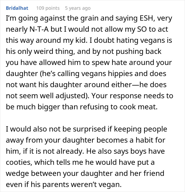 Comment discussing vegan-hating husband&rsquo;s impact on daughter&rsquo;s friendship and family dynamics in a parenting forum.