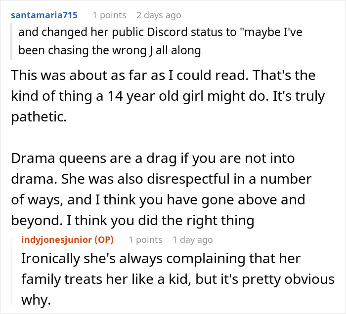 Reddit conversation showing comments about a woman trying to make friend of 10 years fall in love and getting blocked.