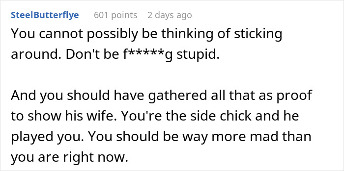 Screenshot of an online comment warning a woman about her boyfriend's double life and betrayal causing emotional distress.