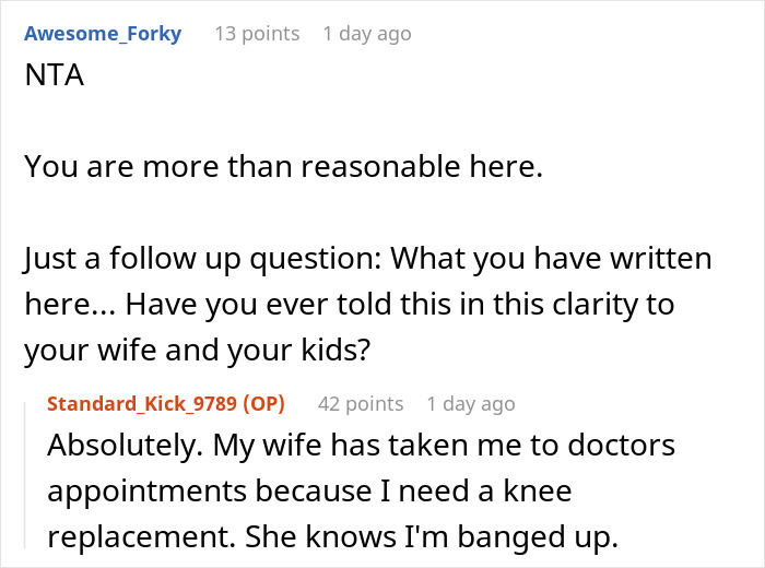 Online discussion about homemaker lamenting adult kids' luxury cars and exhausted hubby advising her to get a job.