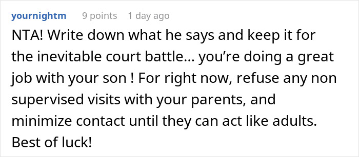 Reddit comment advising to limit contact and write down conversations amid grandparents guilt trip kid over his mom.