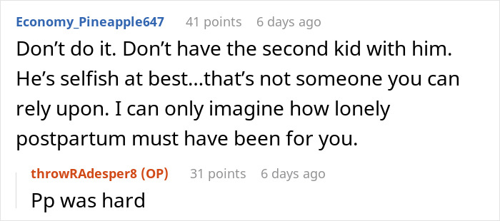 Screenshot of a Reddit comment thread discussing a man using bathroom habits to avoid parenting duties.