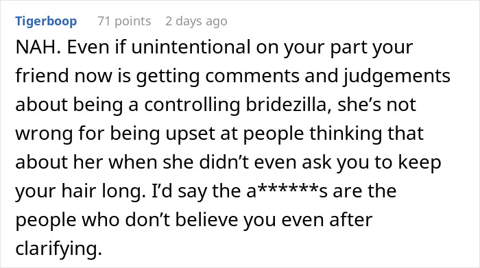 Screenshot of a Reddit comment discussing a woman buzzing her hair after a friend&rsquo;s wedding and public reactions.
