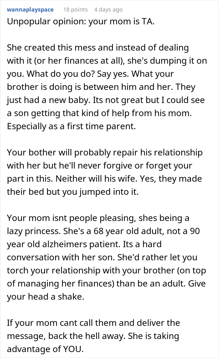 Text post discussing family dynamics and financial expectations involving grandma supporting a stay-at-home mom.