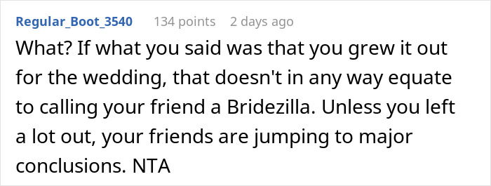 Screenshot of a Reddit comment discussing a woman buzzing her hair after a friend&rsquo;s wedding and others' reactions.