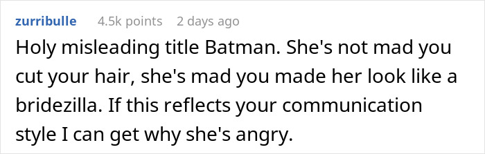 Screenshot of a comment discussing a woman buzzing her hair after a friend's wedding and misconceptions about forced hair regrowth.